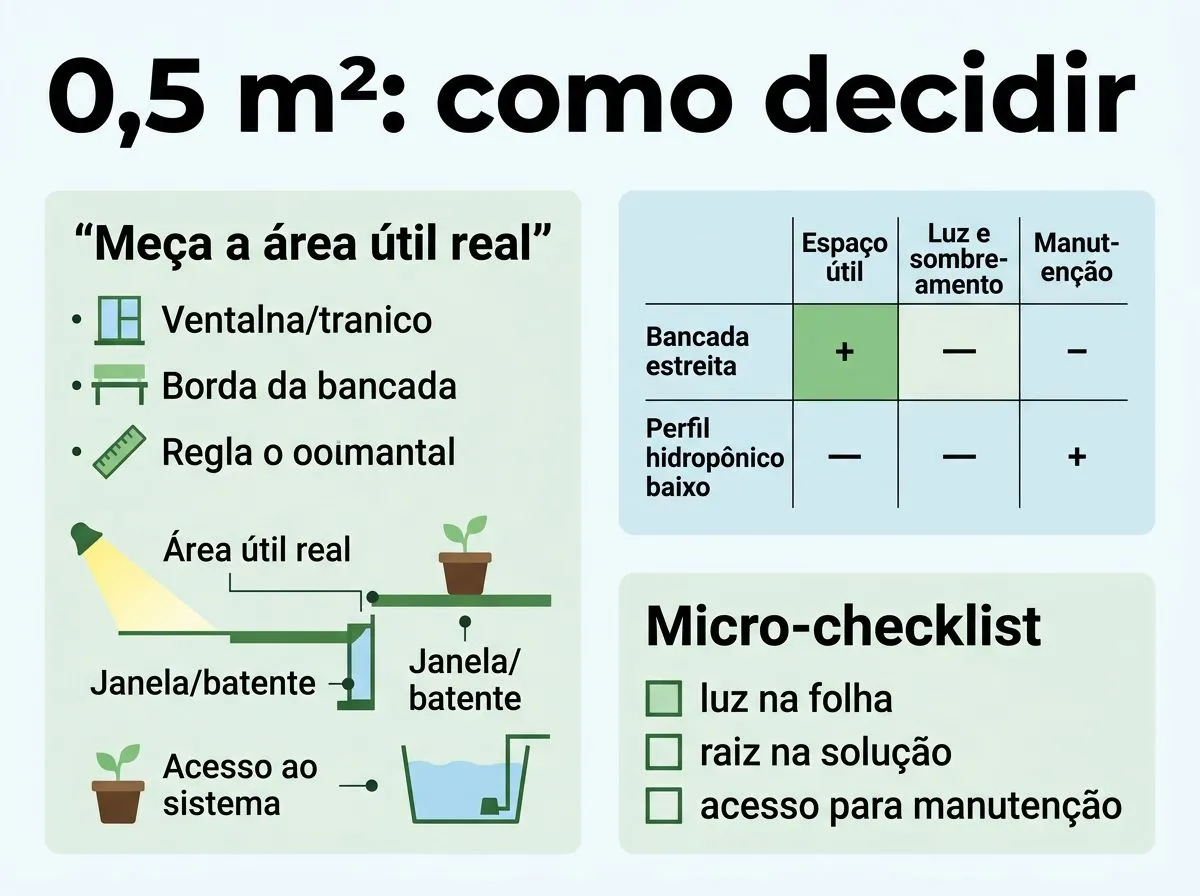 Infográfico mostrando como medir a área útil e escolher o formato hidropônico mais adequado em espaço mínimo.