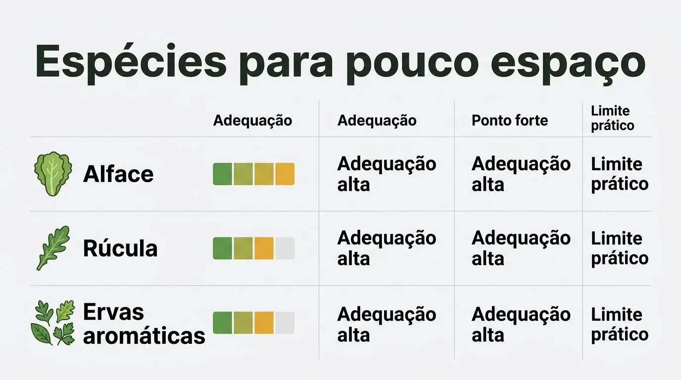 Comparação de espécies que rendem melhor em áreas pequenas para hidroponia doméstica.