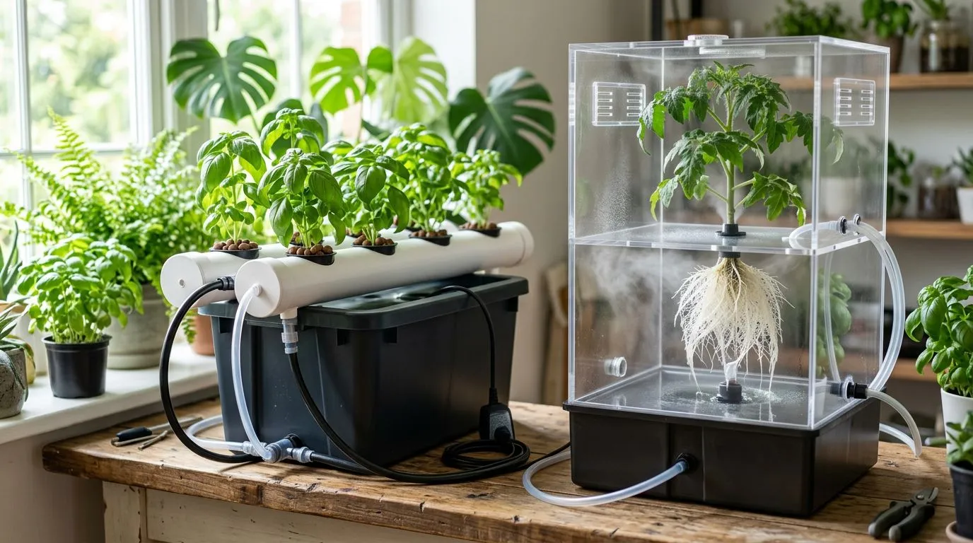 Diferença entre hidroponia e cultivo aerado: o que muda nas raízes, nos materiais e em casa vale a pena combinar