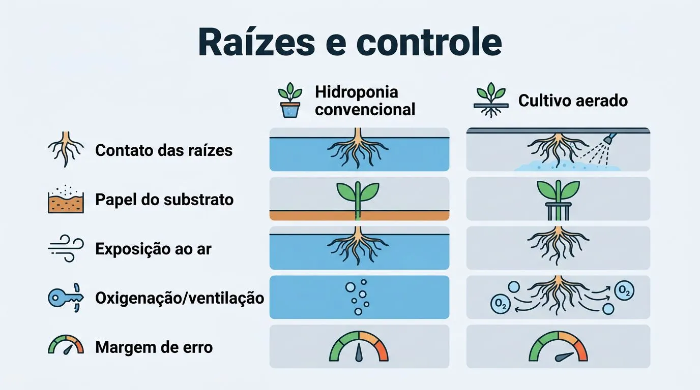 Comparativo visual entre hidroponia convencional e cultivo aerado: contato das raízes, substrato e exposição ao ar.