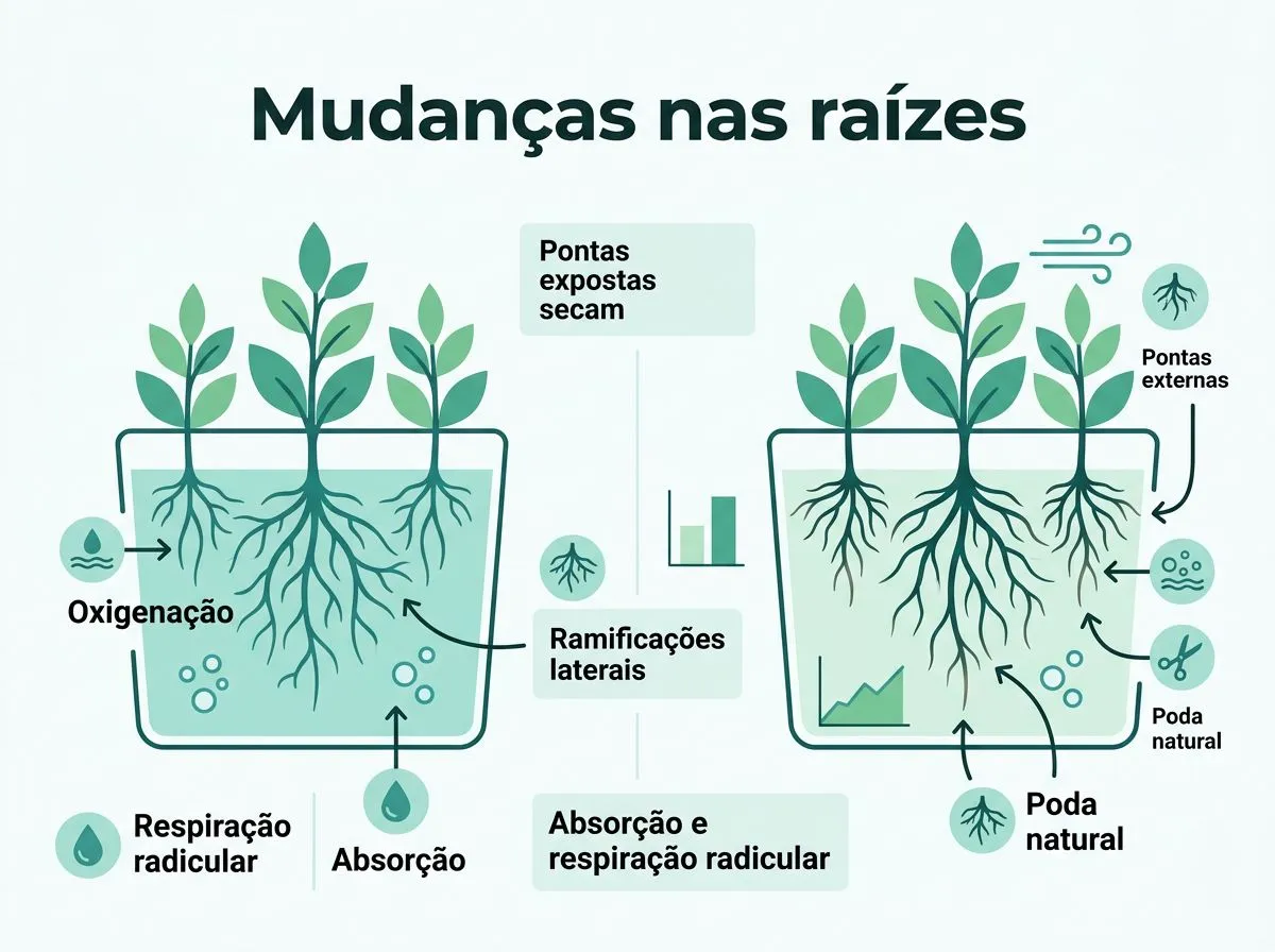 Infográfico que explica como oxigenação e exposição ao ar mudam a arquitetura das raízes no cultivo aerado versus hidroponia convencional.