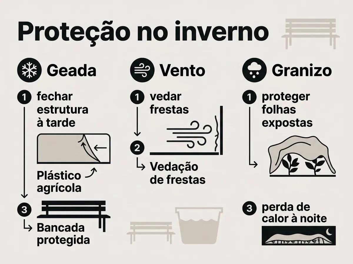 Infográfico com passos para proteger hidroponia de geadas, vento e granizo