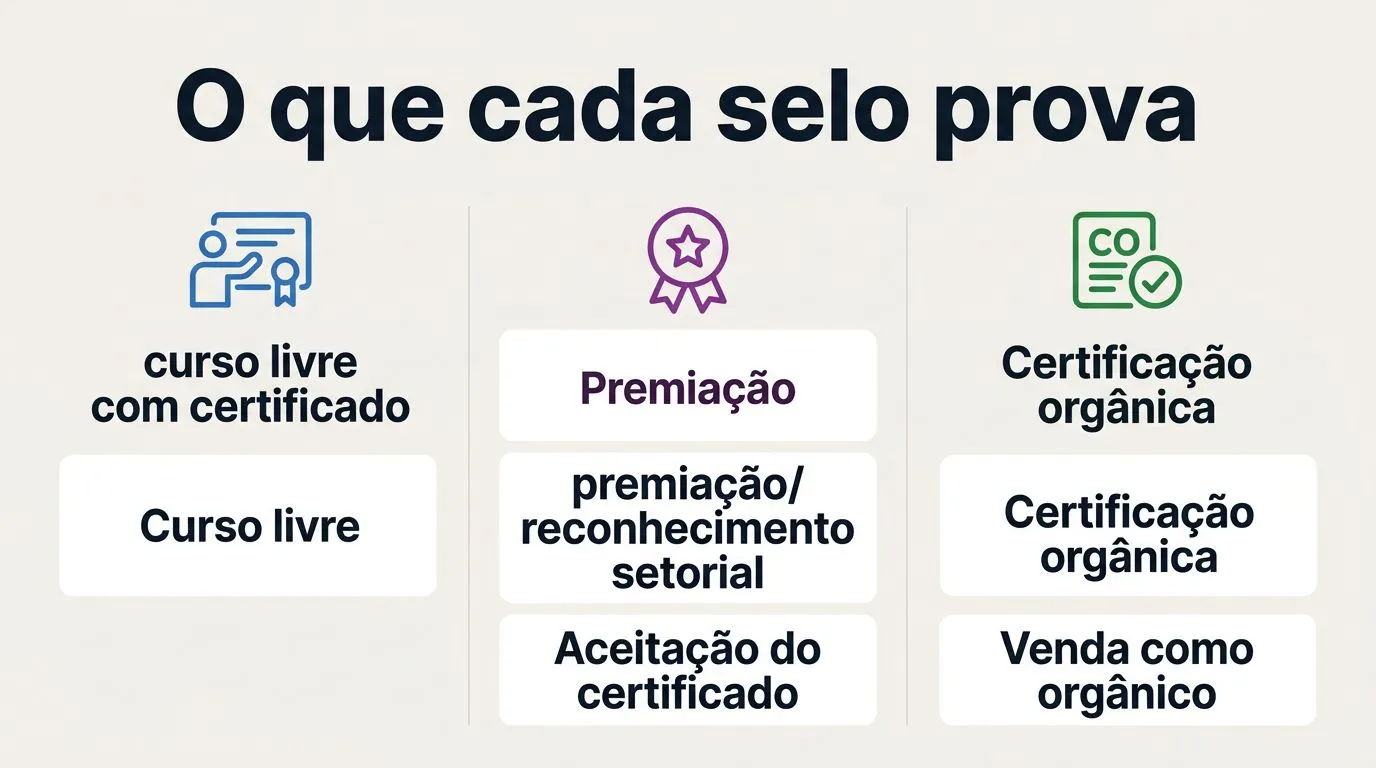 Comparativo visual entre curso, premiação e certificação orgânica na hidroponia e o que cada um comprova.