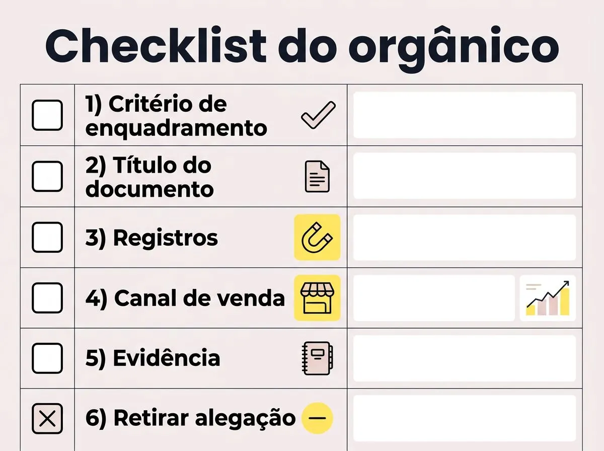 Checklist visual com pontos de verificação antes de usar a palavra orgânico na comunicação de hidroponia.