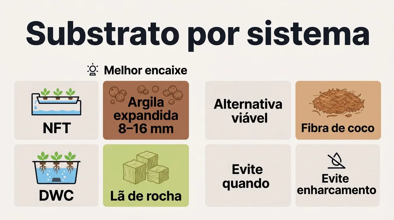 Infográfico comparativo indicando melhor encaixe, alternativa viável e situações a evitar para NFT e DWC usando argila expandida, fibra de coco e lã de rocha.
