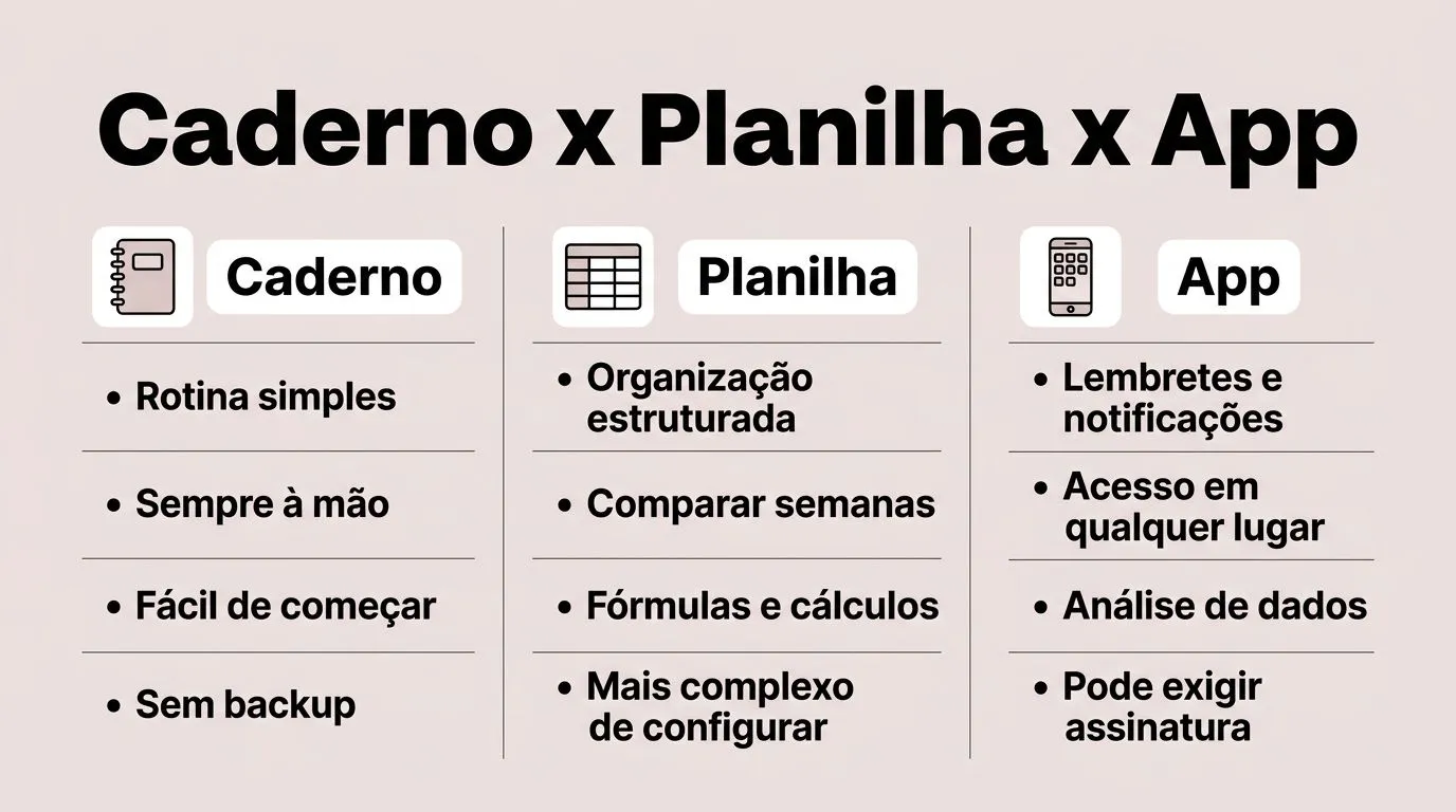 Comparativo visual de caderno, planilha e app para registrar dados da hidroponia em casa.