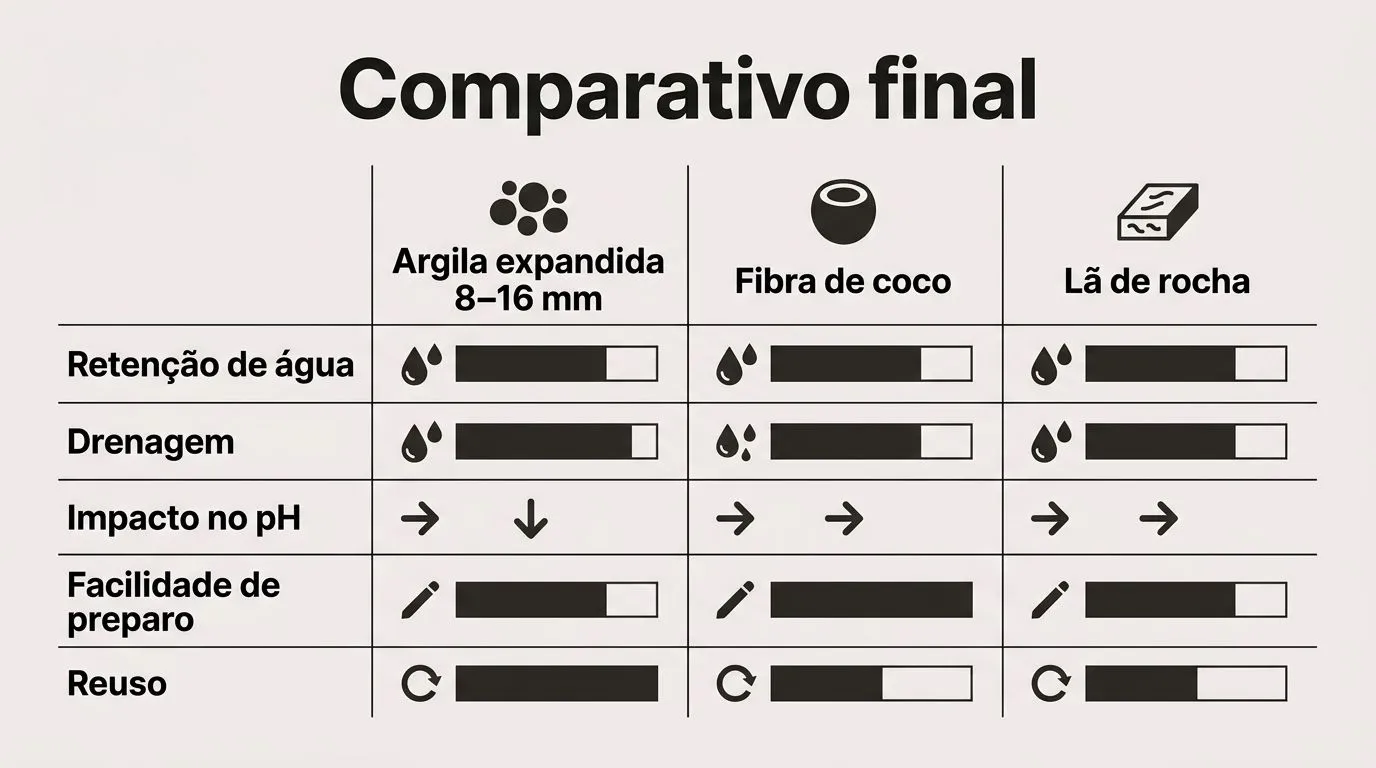 Comparativo final em formato de tabela com critérios de retenção de água, drenagem, impacto no pH, facilidade de preparo e reuso entre argila expandida, fibra de coco e lã de rocha.