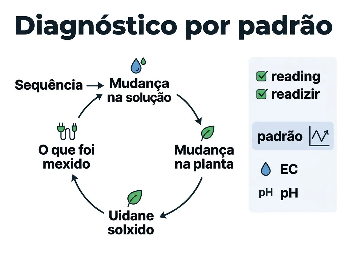 Infográfico mostrando como cruzar registros de solução, planta e intervenções para diagnosticar problemas na hidroponia.