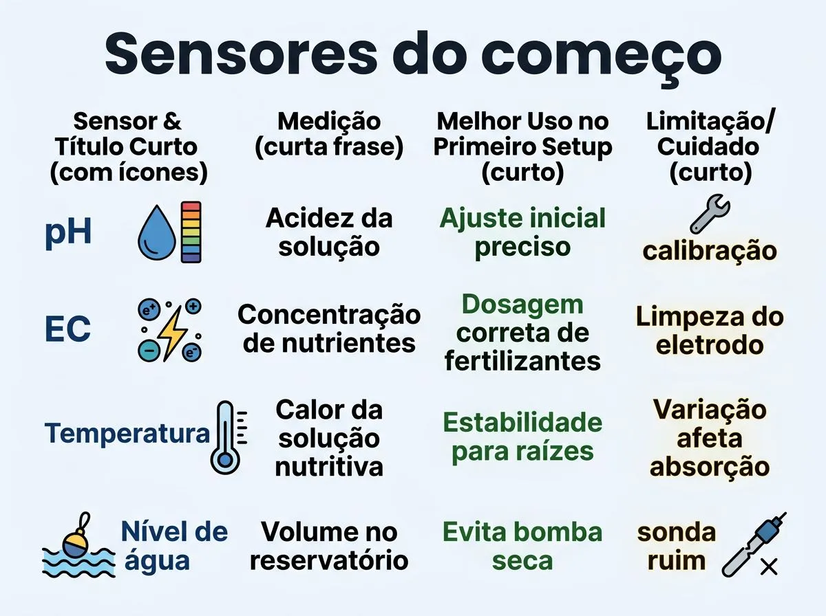 Infográfico comparando sensores úteis no primeiro setup hidropônico com IoT, incluindo pH, EC, temperatura e nível.
