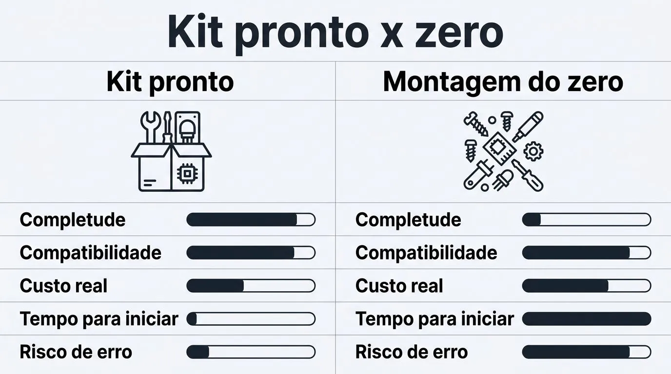Gráfico comparativo lado a lado entre kit pronto e montagem do zero com critérios para custo real e tempo de início.