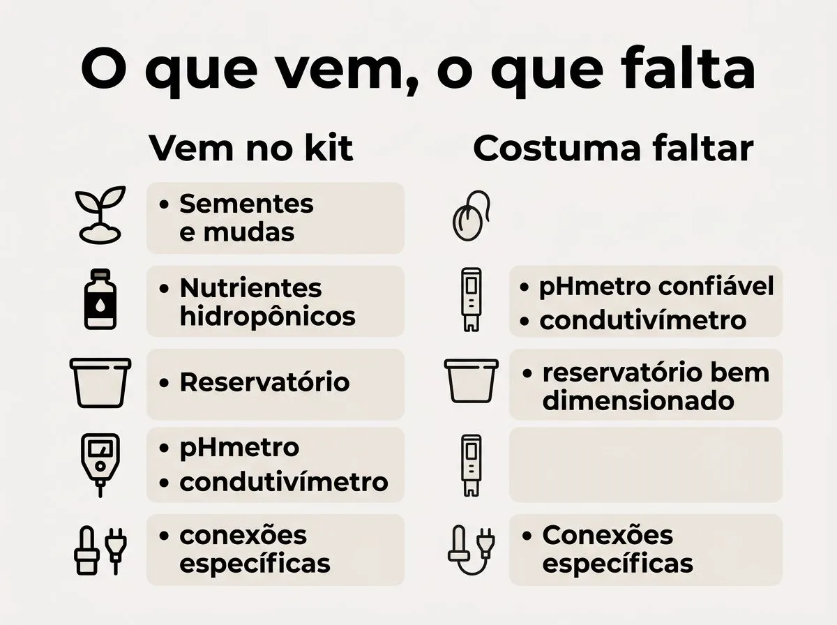 Infográfico listando itens que costumam vir em kits hidropônicos e os componentes que frequentemente faltam.