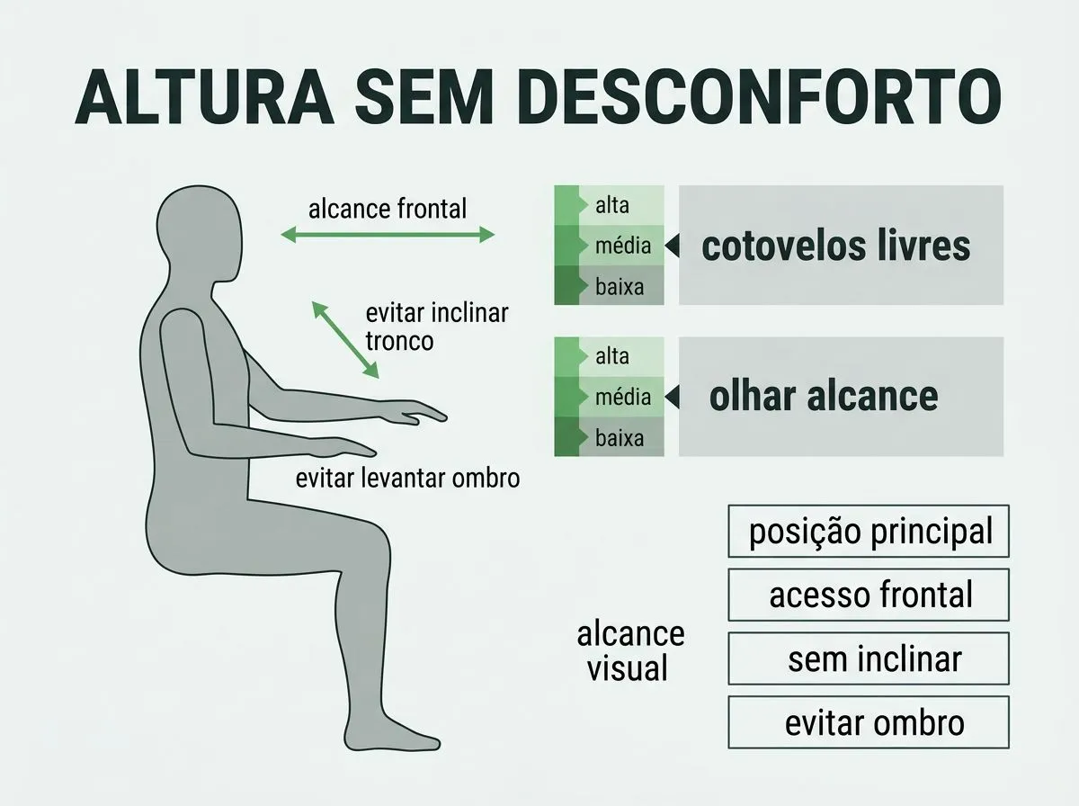 Diagrama de altura de bancada/torre com foco em acesso frontal, cotovelos livres e evitar inclinar tronco ou elevar ombros.