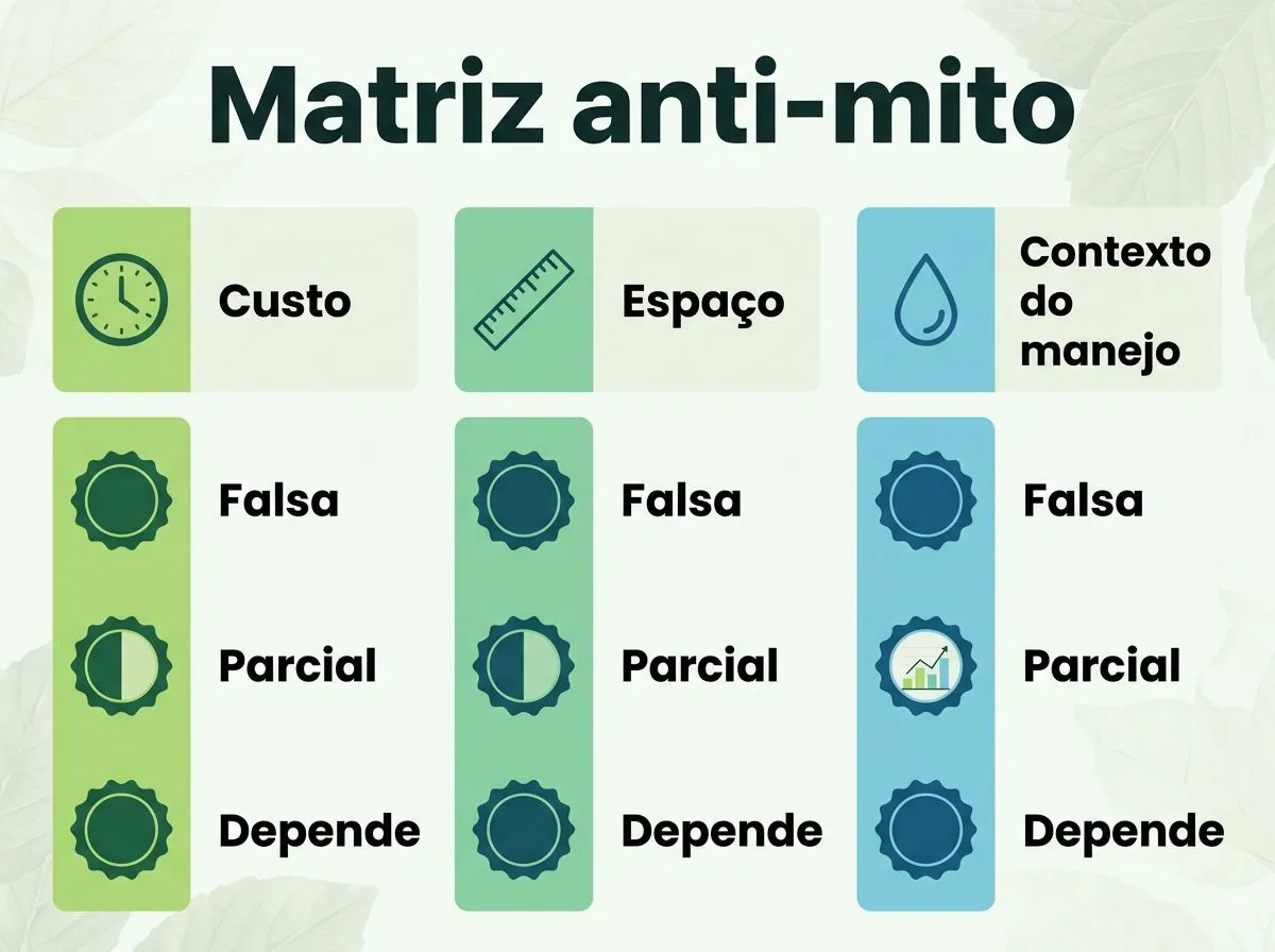 Infográfico com matriz prática para classificar mitos de hidroponia em falsa, parcialmente verdadeira ou dependente do contexto, usando critérios como custo e espaço.