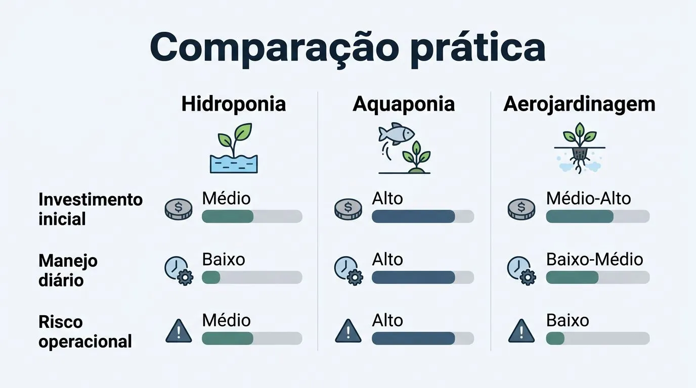 Infográfico comparando custo de implantação, manejo e risco entre hidroponia, aquaponia e aerojardinagem.