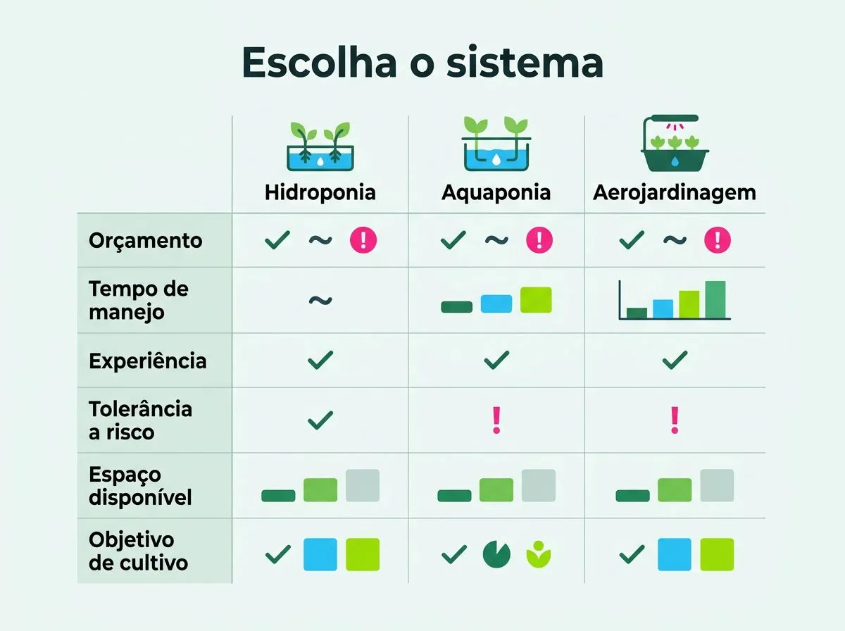 Infográfico em matriz com critérios para decidir entre hidroponia, aquaponia e aerojardinagem em casa.