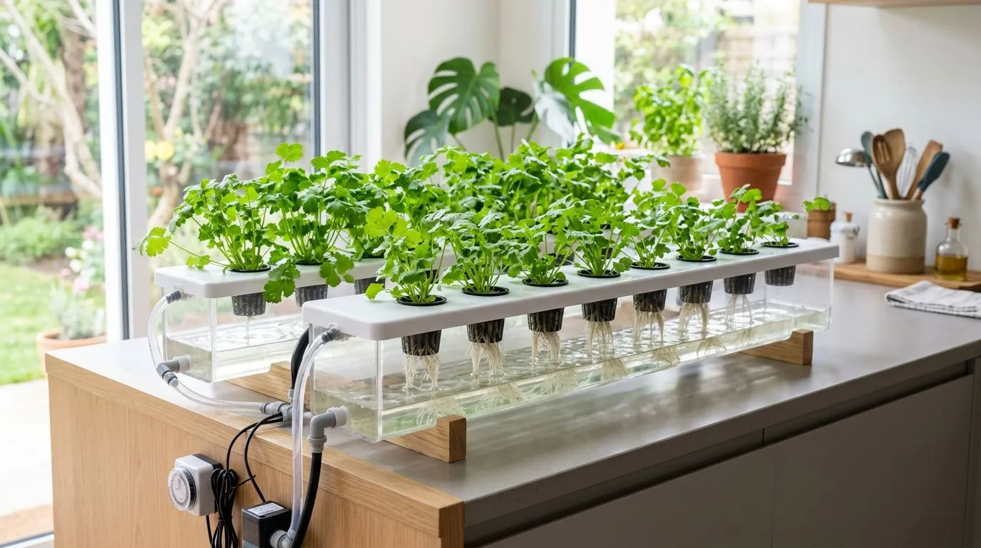 Coentro hidropônico como cultivar em casa: sistema, temperatura e colheita contínua