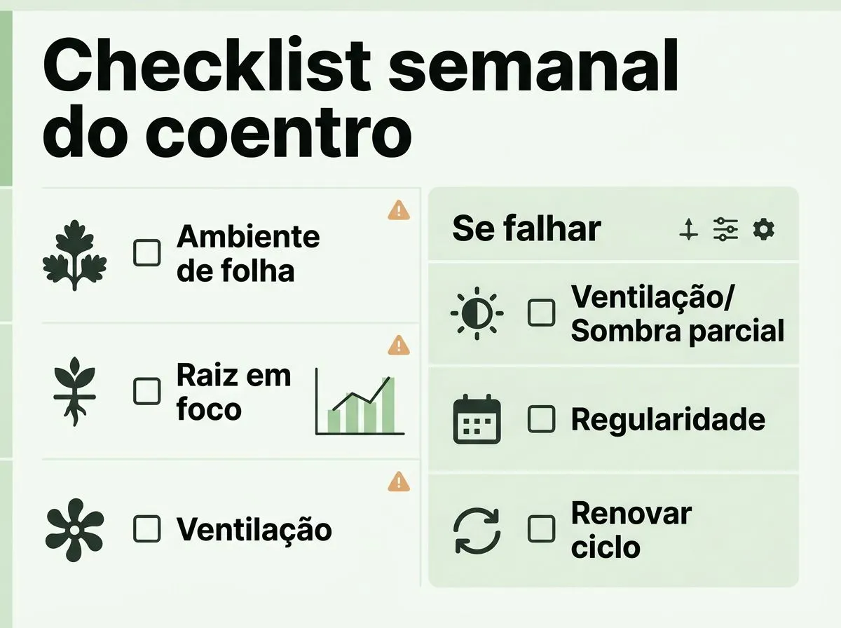 Checklist semanal para manter coentro em colheita contínua: sinais de folha, raiz, ambiente e renovação do ciclo