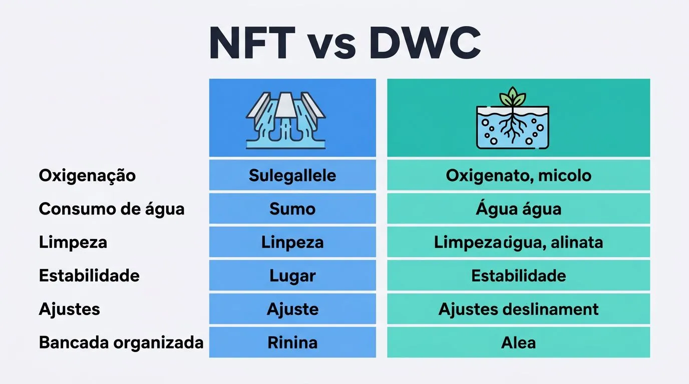 Comparativo visual entre NFT e DWC para manjericão hidropônico: oxigenação, consumo de água, limpeza, estabilidade e ajustes do sistema.