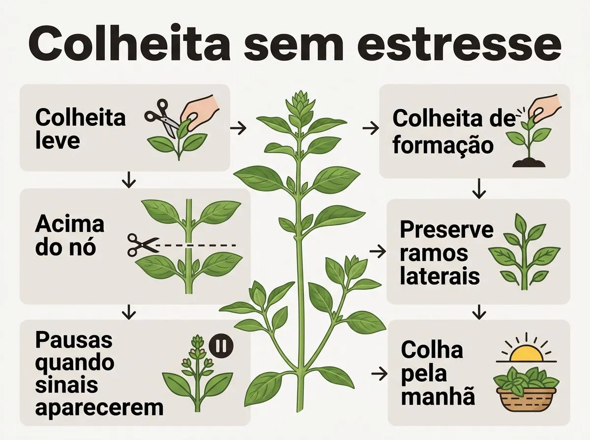 Infográfico com passos para colher manjericão hidropônico: corte acima do nó, preservação de ramos e colheita pela manhã para manter aroma.