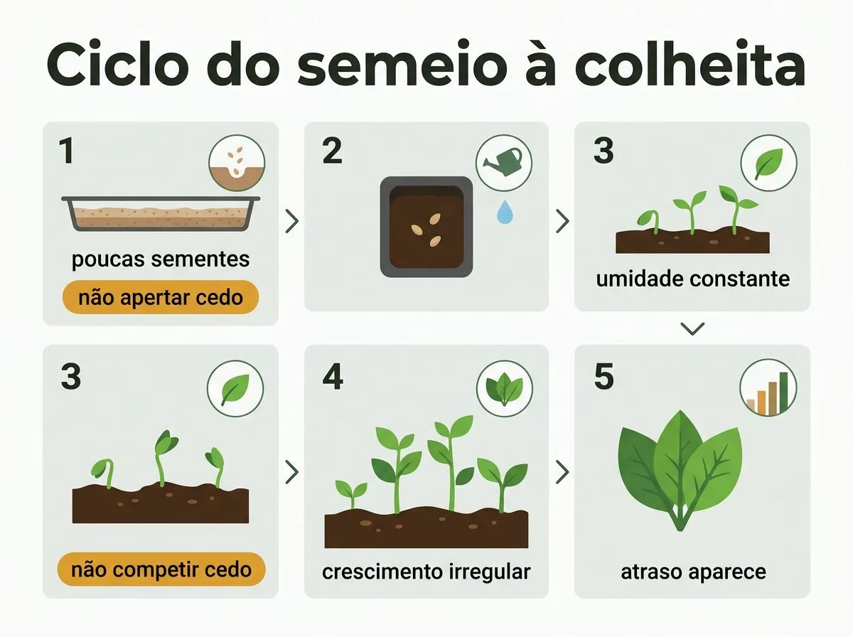 Infográfico de fluxo com etapas do semeio à colheita da rúcula hidropônica, com alertas de manejo.