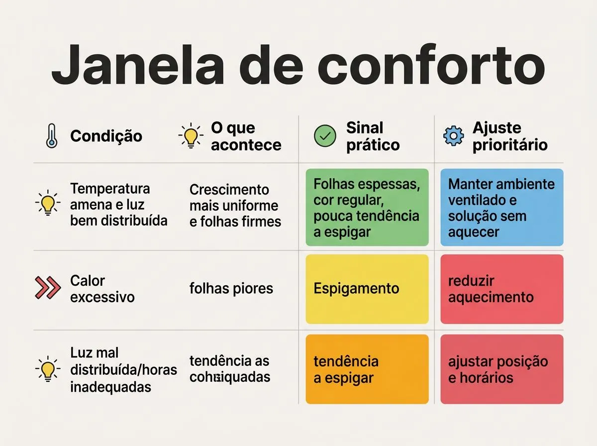 Infográfico com a relação entre temperatura, fotoperíodo e sinais práticos no cultivo hidropônico de espinafre.