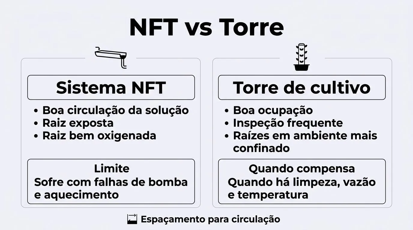 Comparativo entre sistema NFT e torre de cultivo para espinafre hidropônico em casa, destacando vantagens e limites.