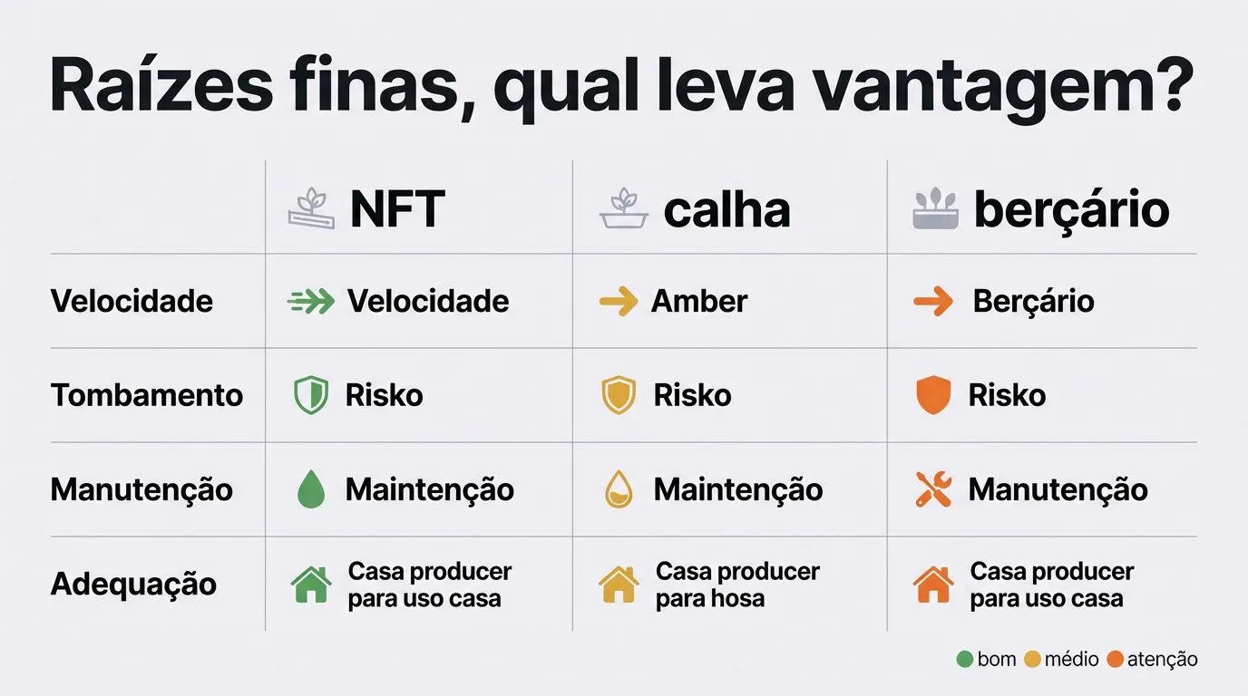 Comparação de sistemas hidropônicos para raízes finas: NFT, calha e berçário