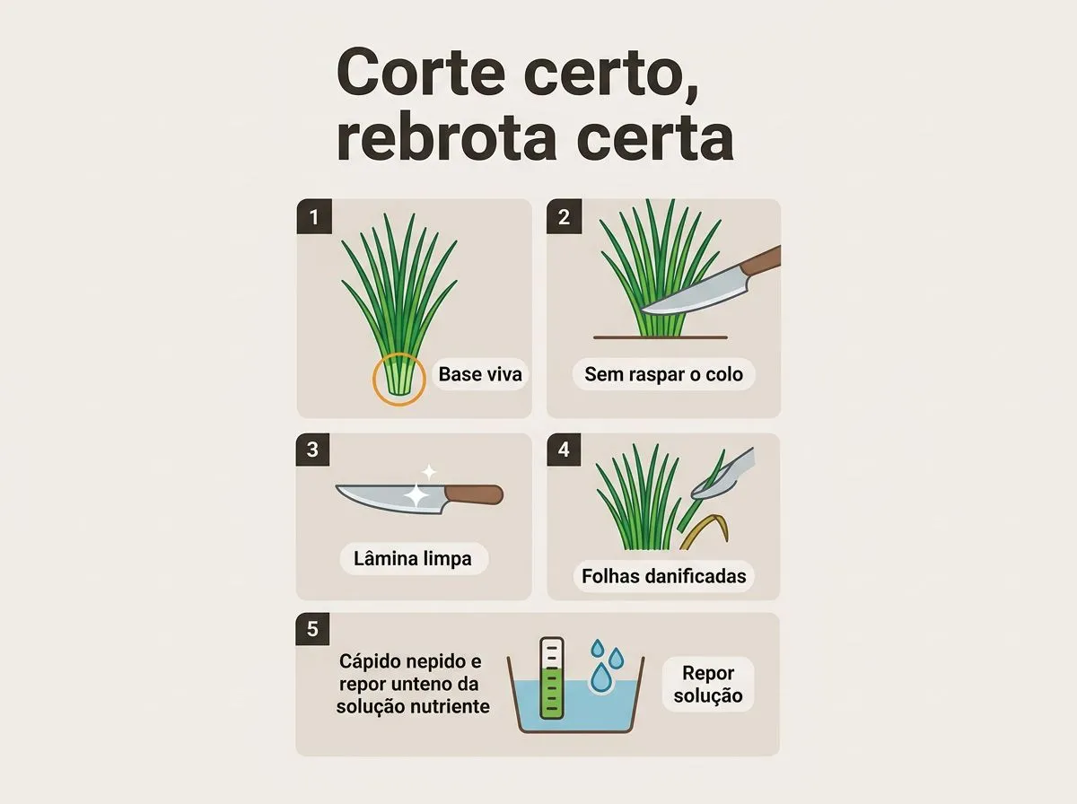 Infográfico com passos para colher cebolinha hidropônica sem arrancar a planta