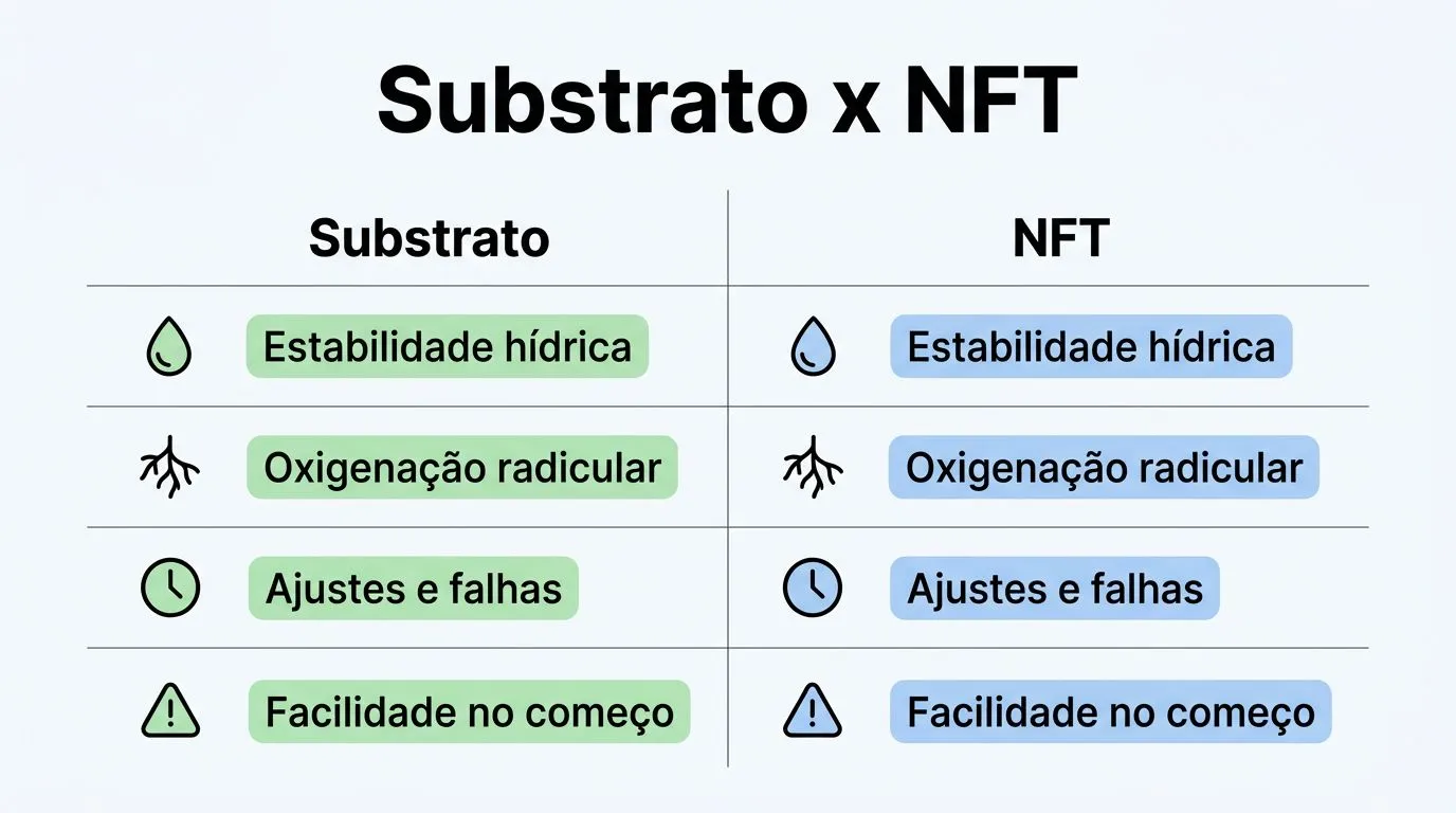 Comparação visual entre substrato e NFT para cultivar alecrim hidropônico em casa