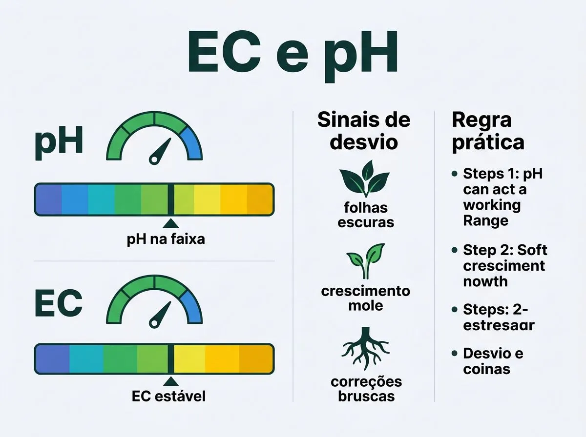 Infográfico com checklist e sinais para ajustar EC, pH e solução nutritiva do alecrim hidropônico