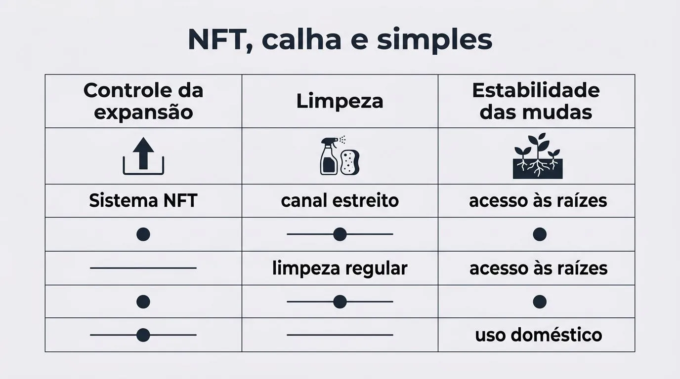 Comparação entre sistemas hidropônicos para menta: NFT, calha de PVC e sistema simples, com critérios de manejo e acesso às raízes.
