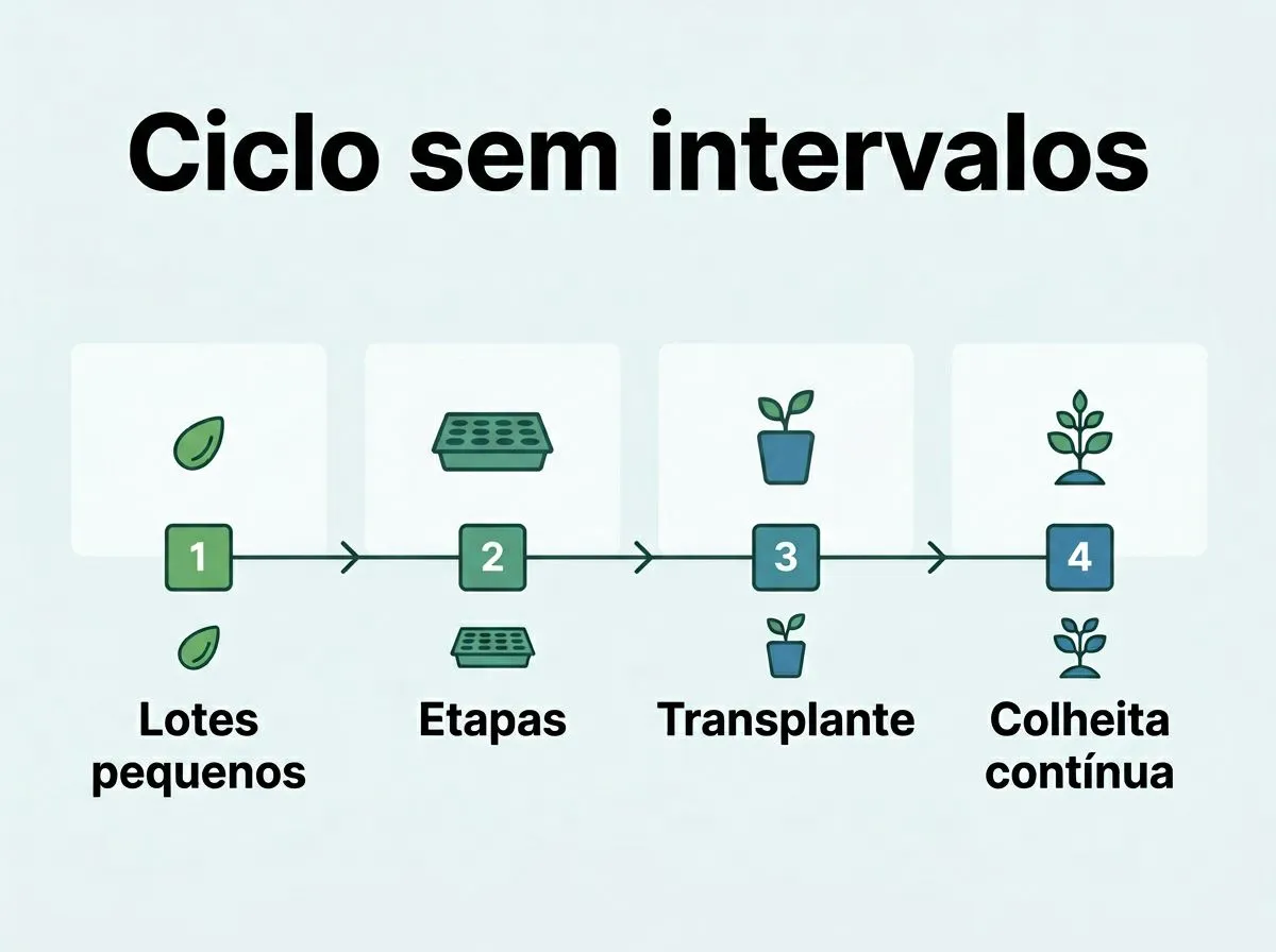 Infográfico cronológico mostrando planejamento em lotes para cultivo contínuo de salsinha hidropônica.