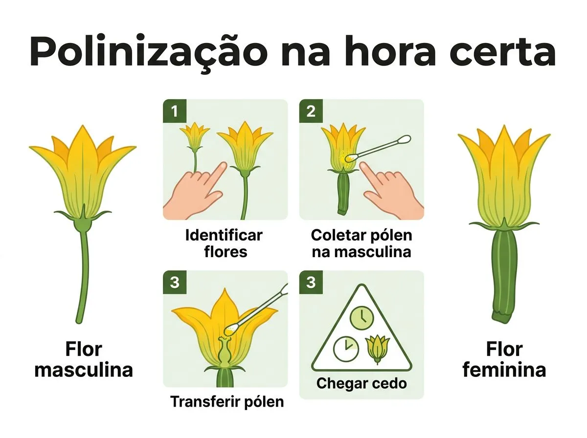 Infográfico mostrando como identificar flores masculinas e femininas de abobrinha e fazer a polinização manual na hidroponia em casa.