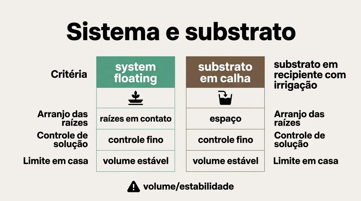 Comparação entre sistema floating e cultivo com substrato em calha para abobrinha hidropônica em casa.