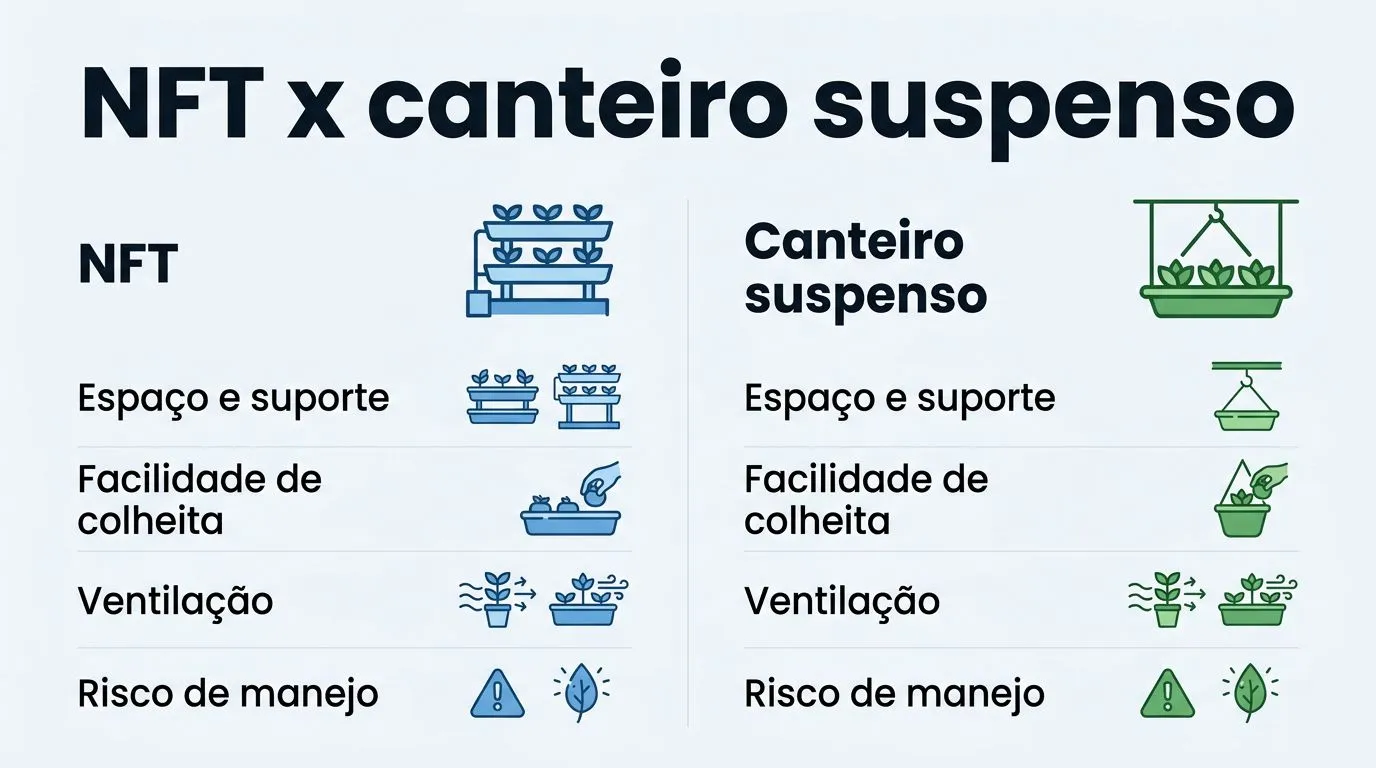 Comparativo visual entre NFT e canteiro suspenso para couve hidropônica
