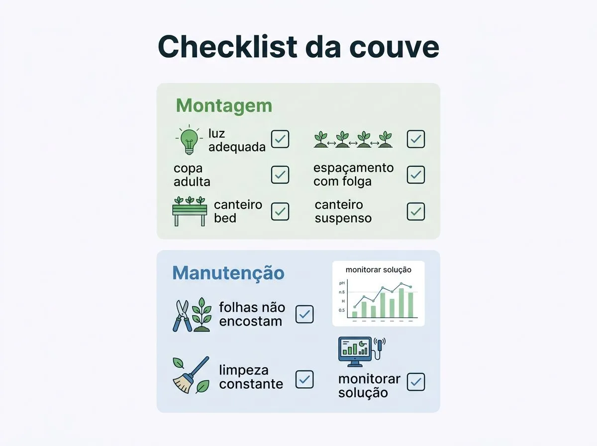 Checklist de montagem e manutenção para couve hidropônica em casa