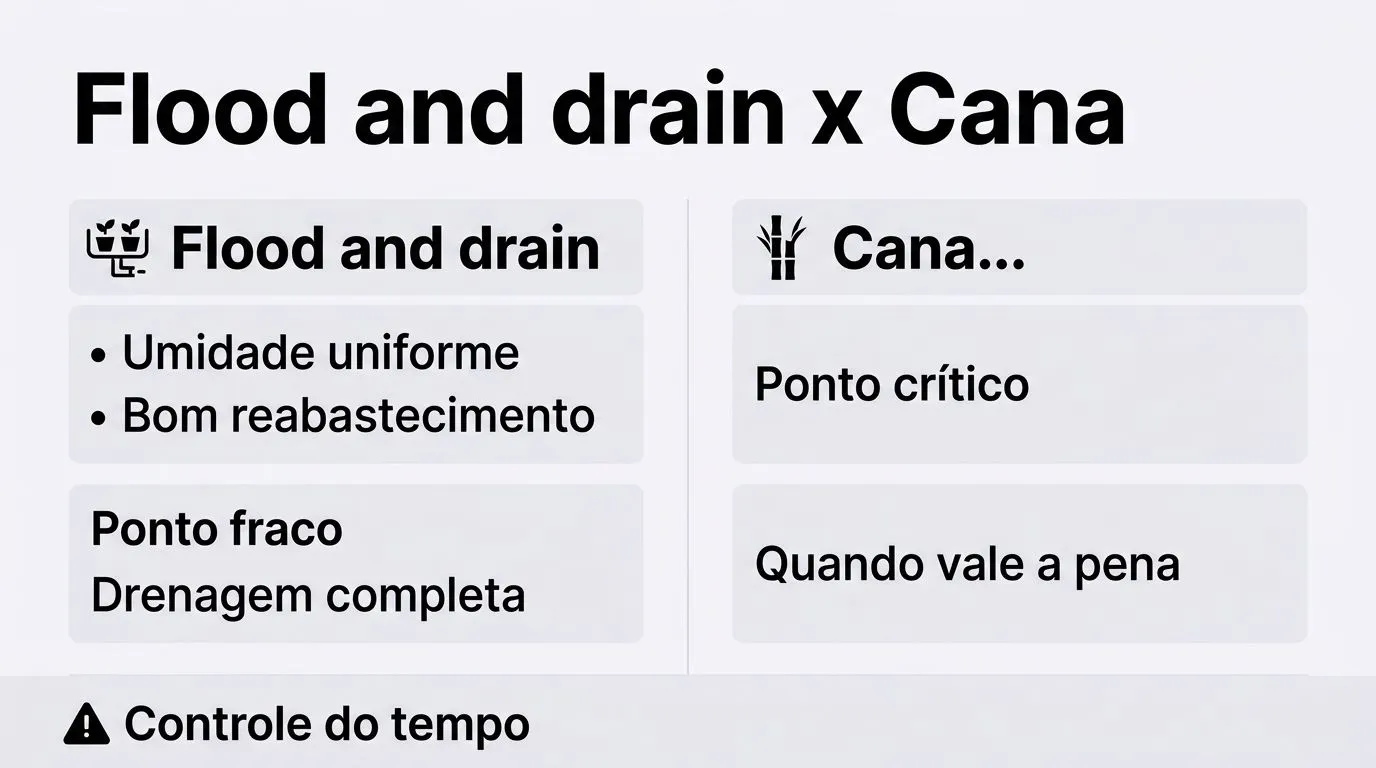 Comparação em infográfico entre flood and drain e o sistema com cana, destacando favorecimentos e pontos fracos para beterraba.