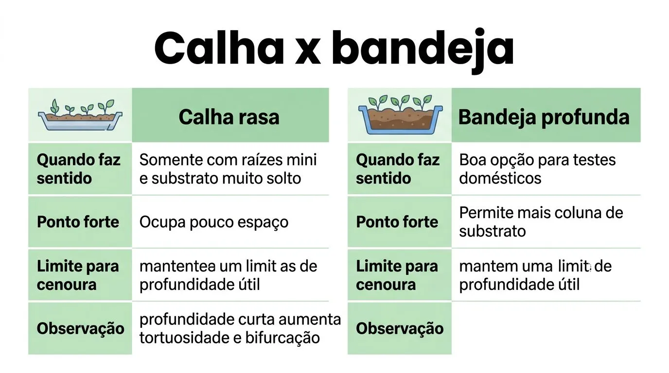 Comparação entre calha rasa e bandeja profunda para cenoura hidropônica, com foco em profundidade útil e limites.
