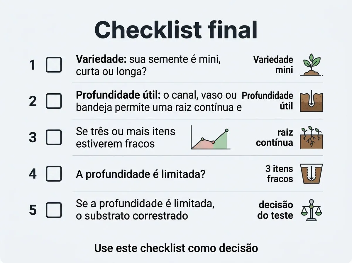 Checklist final para montar e avaliar uma tentativa de cenoura hidropônica em casa.