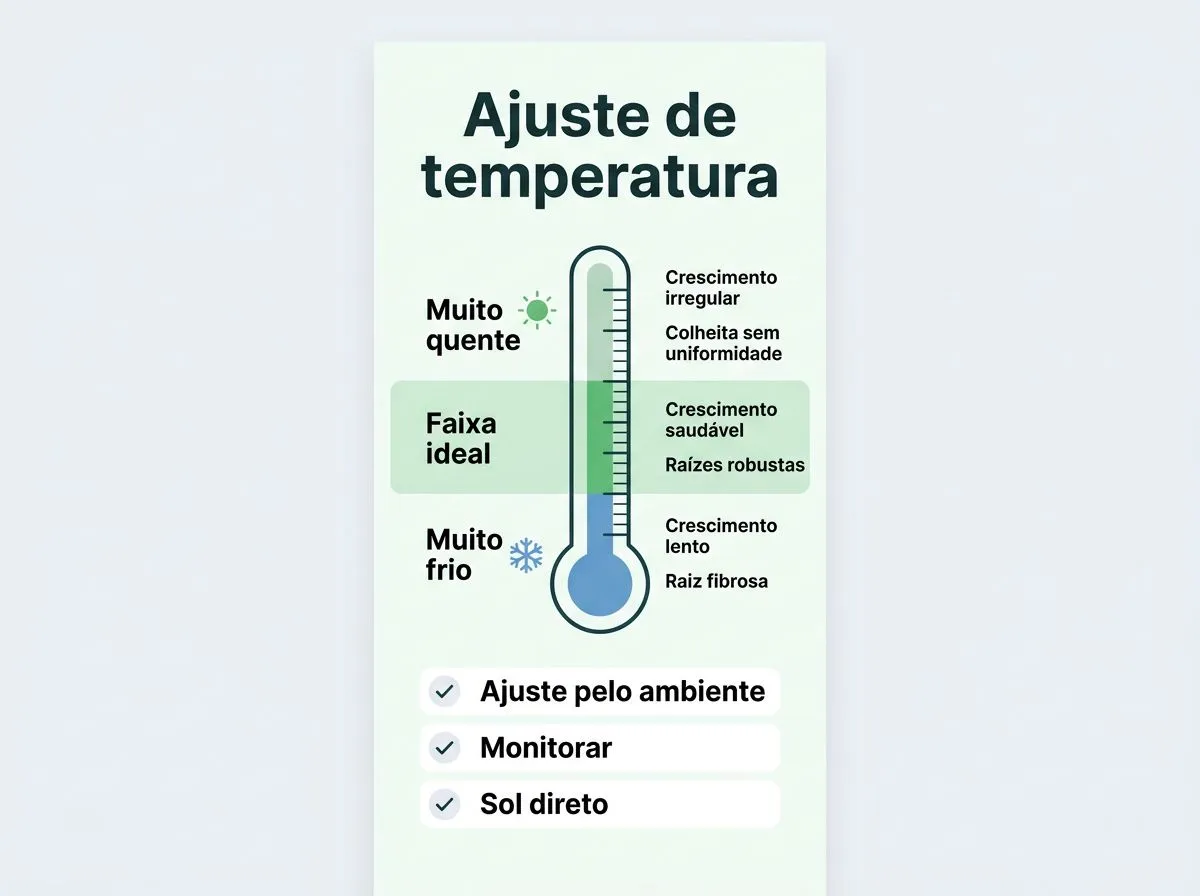 Infográfico com faixas de temperatura para melhorar a formação da raiz do rabanete hidropônico.