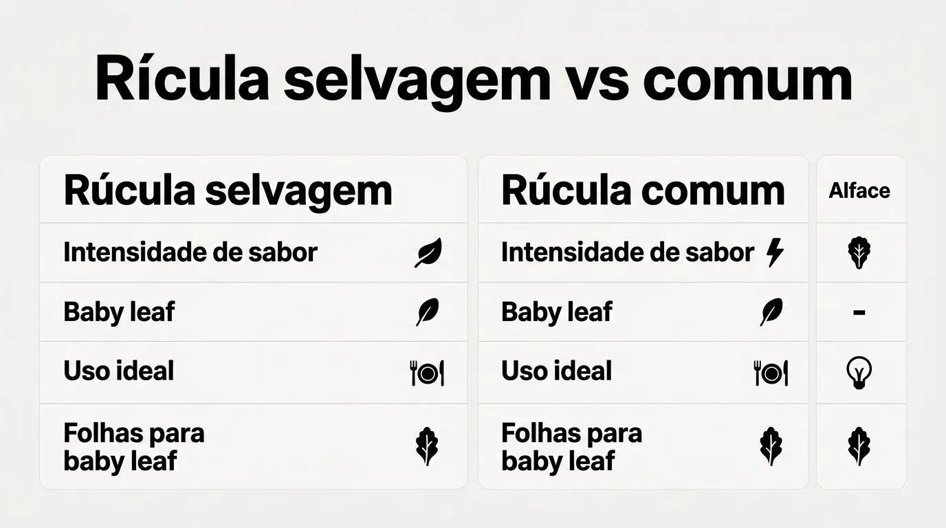 Comparativo visual entre rúcula selvagem, rúcula comum e alface para cultivo em baby leaf na hidroponia.