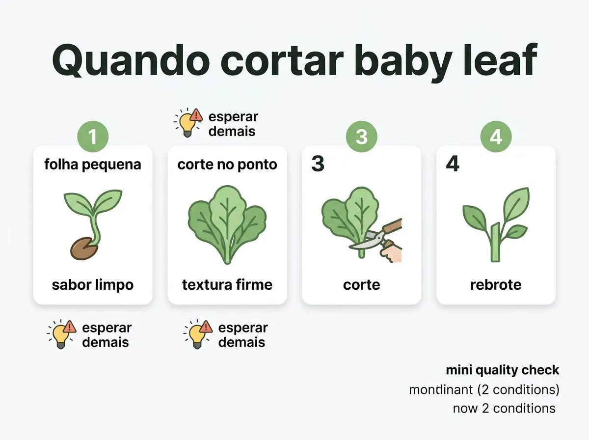 Infográfico com timeline do ciclo e sinais visuais para cortar baby leaf de rúcula selvagem hidropônica.