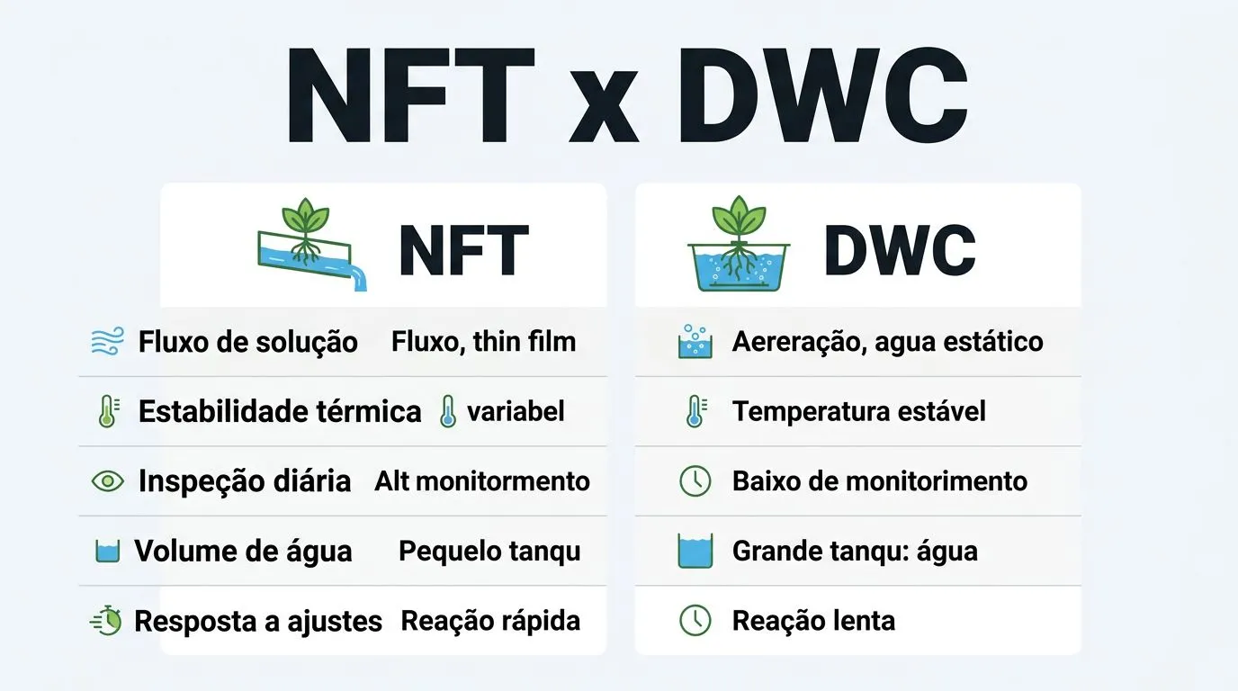 Comparativo visual NFT versus DWC para pak choi hidropônico, destacando fluxo, estabilidade térmica, inspeção e volume de água