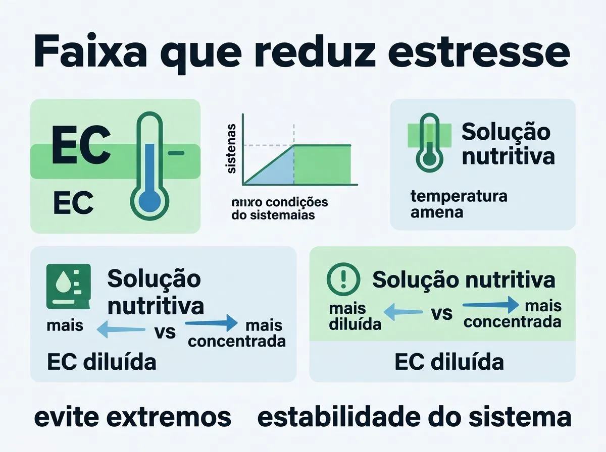 Infográfico com foco em EC, temperatura e solução nutritiva para reduzir estresse na chicória hidropônica.