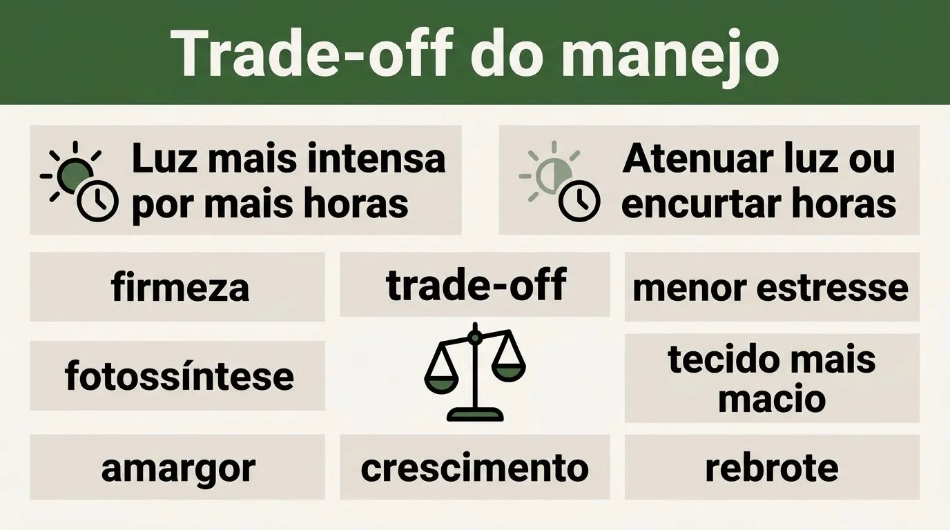 Comparação visual do manejo de luz para reduzir amargor na chicória hidropônica sem reduzir o crescimento.