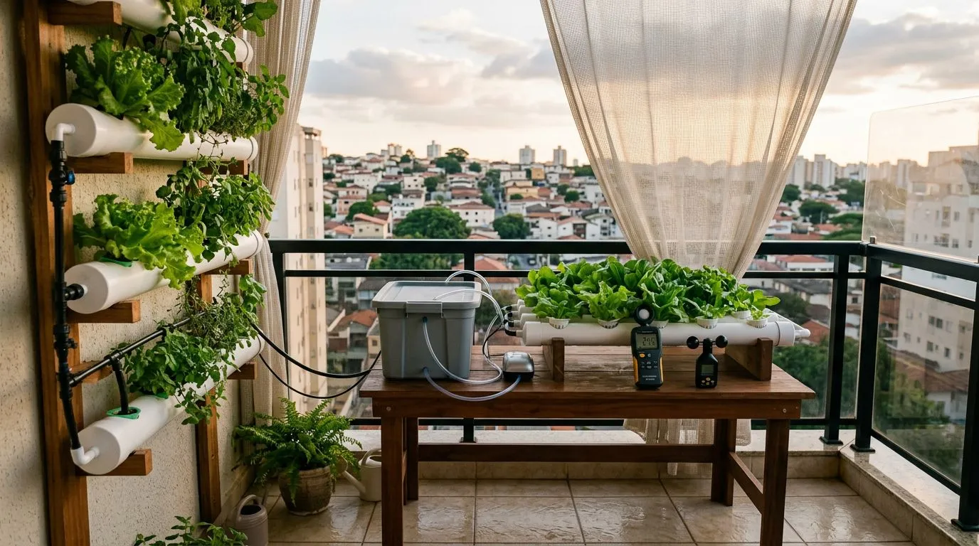 Hidroponia na varanda sem erro: como avaliar luz, silêncio, plantas e proteção antes de montar
