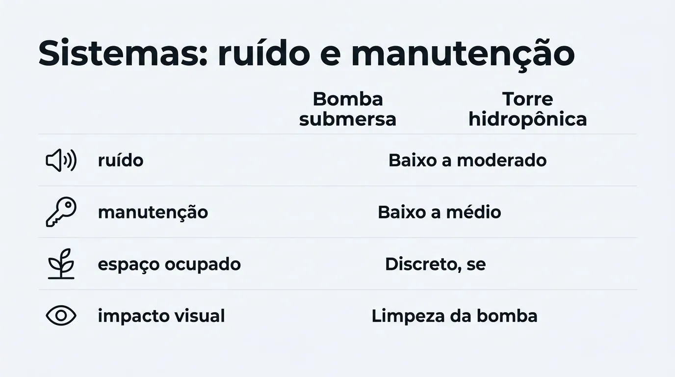 Gráfico comparativo de sistemas hidropônicos com foco em ruído, manutenção e impacto visual.