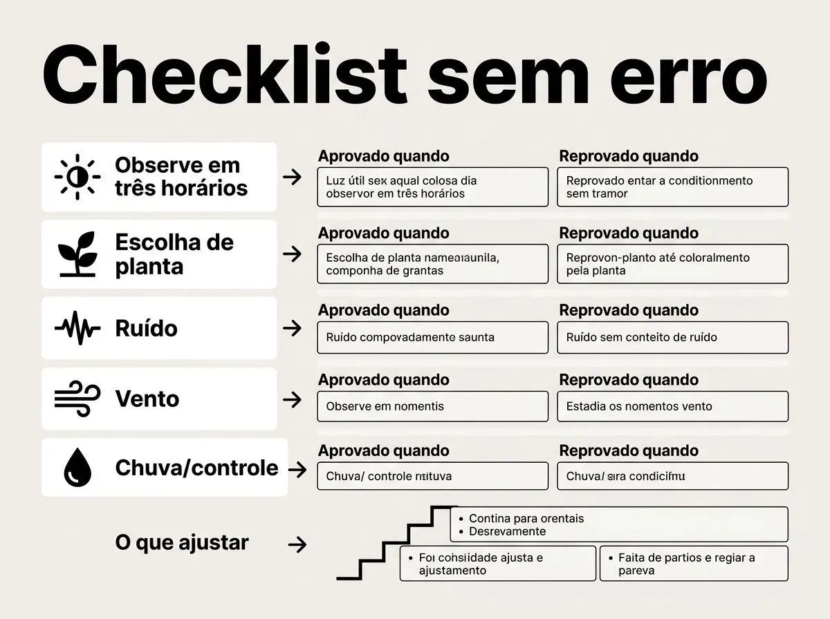 Infográfico em formato de checklist com critérios para aprovar ou reprovar o local antes de montar a hidroponia na varanda.