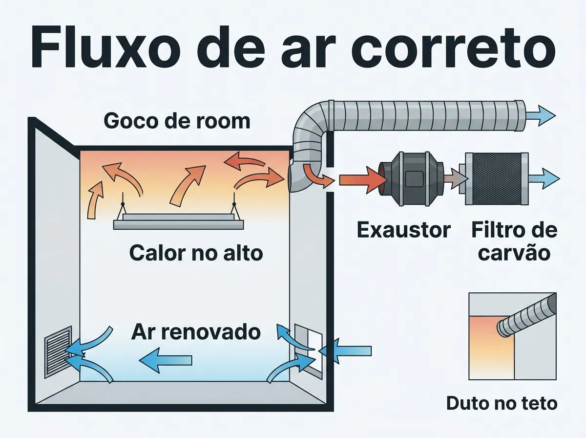 Infográfico com fluxo de ar no quarto grow e posição de duto e filtro