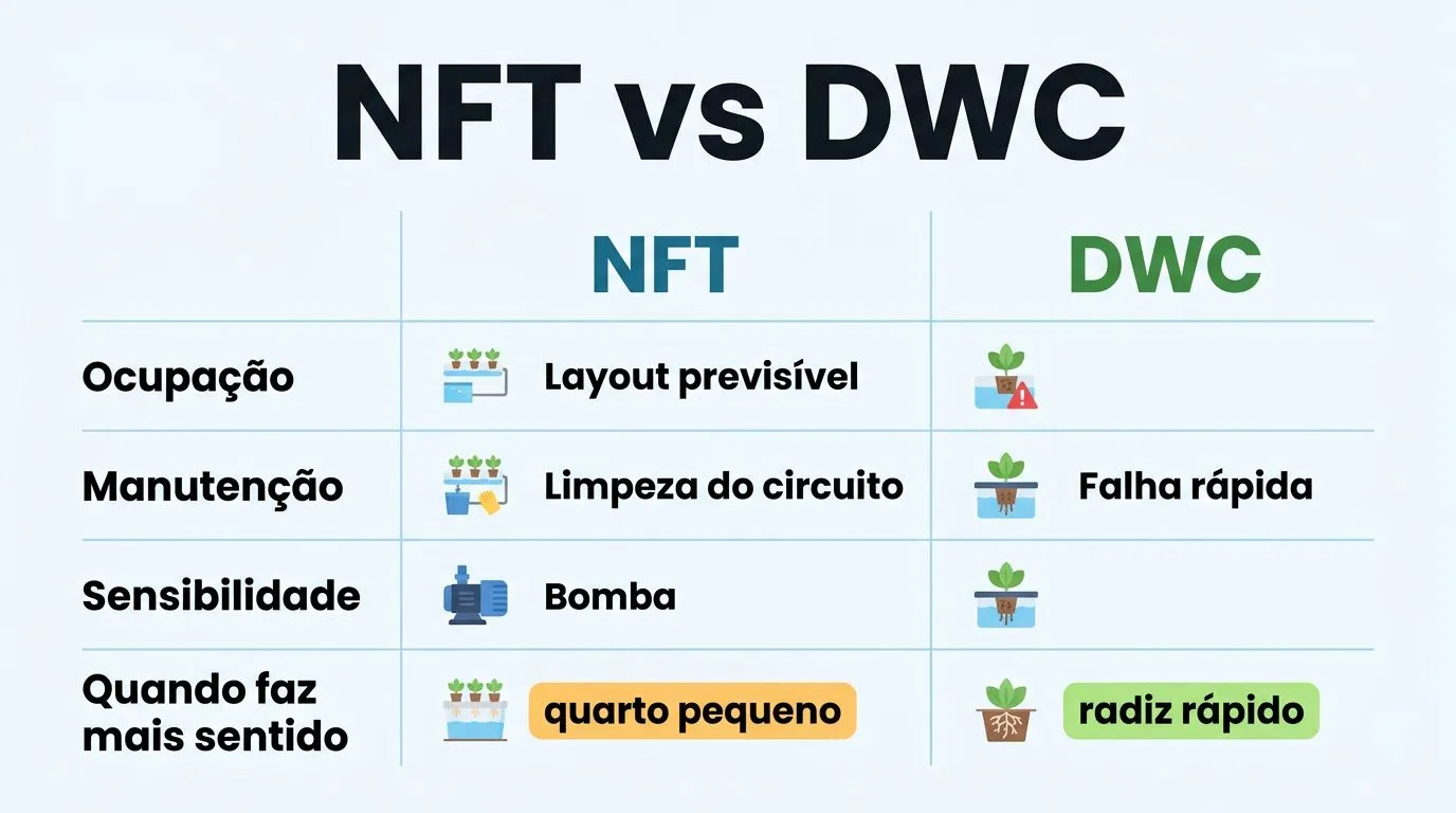 Comparativo entre NFT e DWC para hidroponia em quarto grow